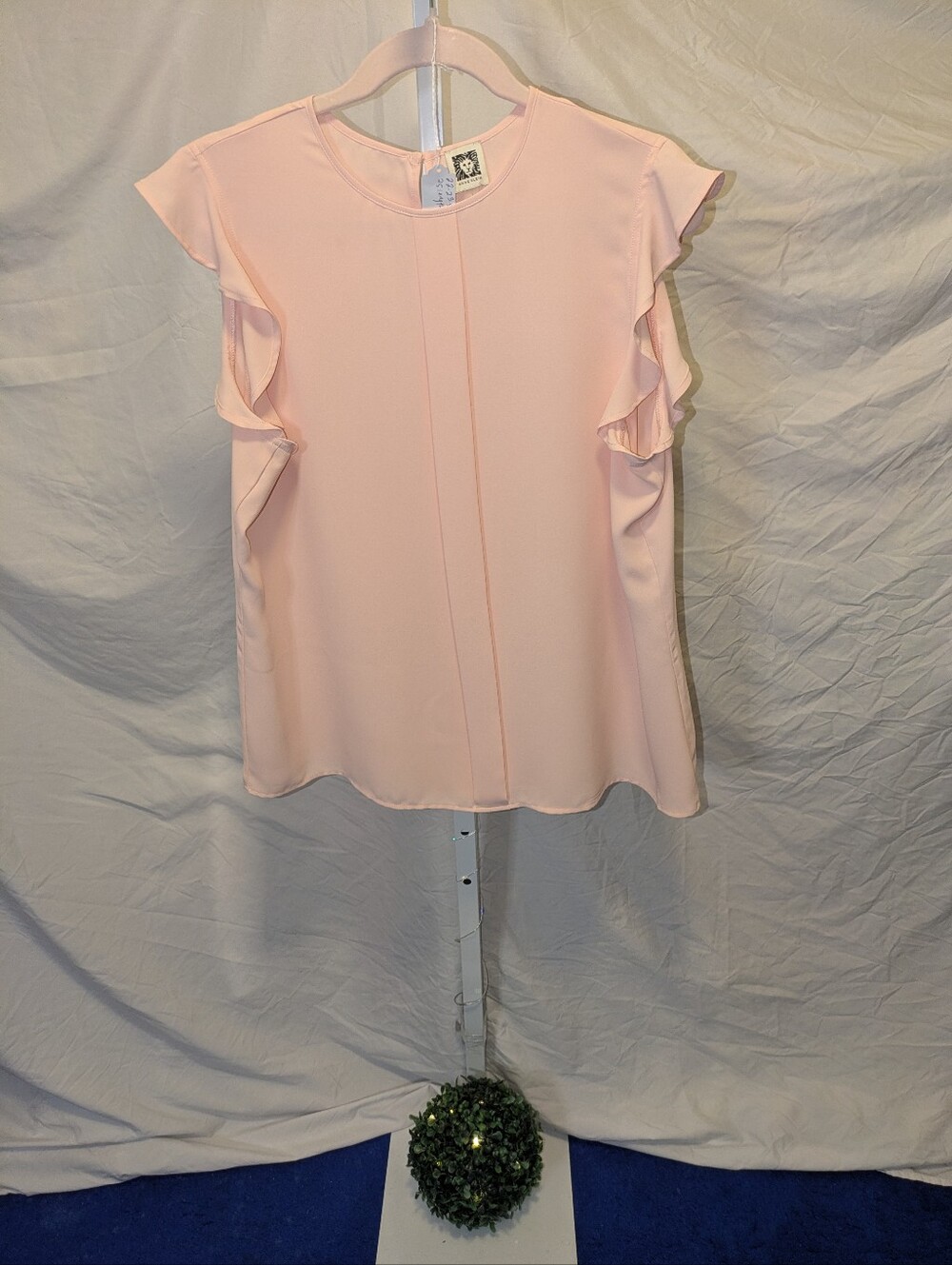 Anne Klein Blush Pink Ruffle Flutter Sleeve Pleated Front Blouse Large